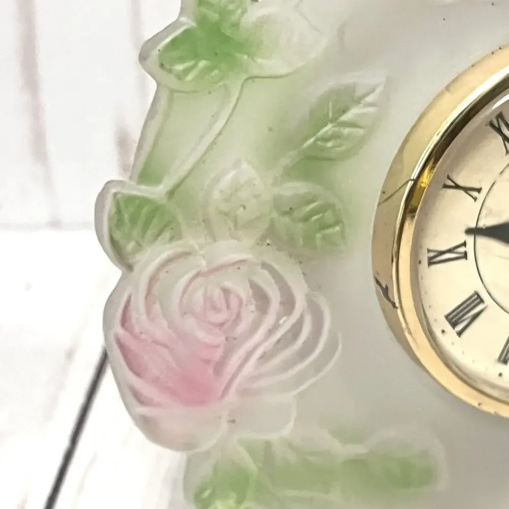 Vintage Frosted Rose Clock Shabby Chic Cottagecore Vanity Décor Pink Floral